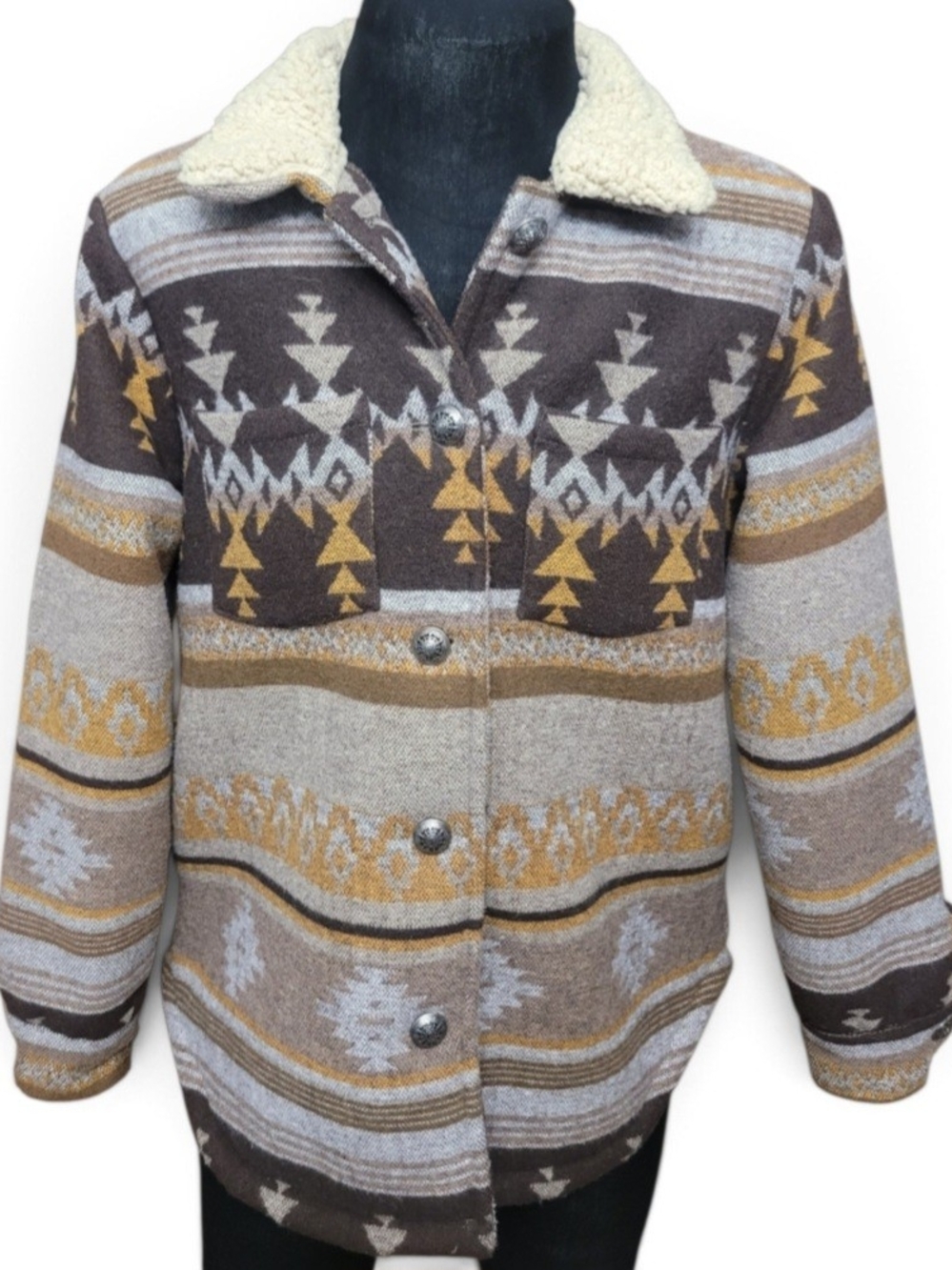Sherpa-Collar Tribal Jacket in Brown & Tan